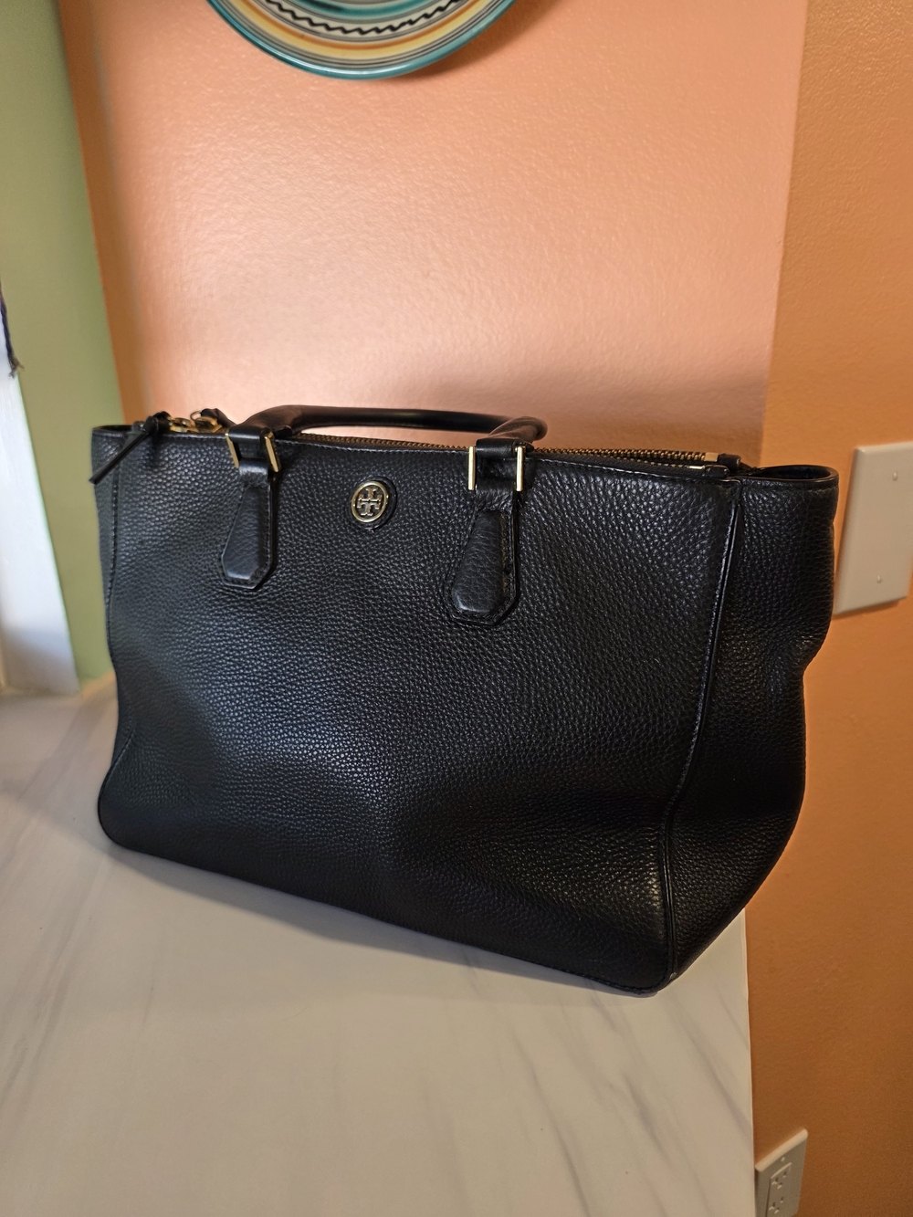 Tory Burch Black Pebbled Leather Tote Luxury Minimalist Chic Preppy Handbag - Picture 4 of 16